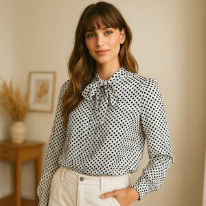 Soft Girl Chic Tchibo Polka Dot Long Sleeve Bow Blouse Vintage-Inspired EU 36